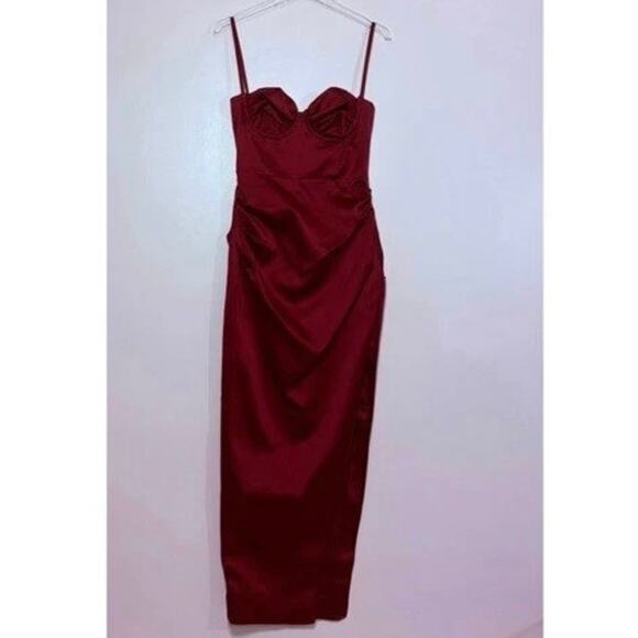 House of CB FLORA Satin Pleated Corset Midi Dress in Wine Size Small - Picture 2 of 13